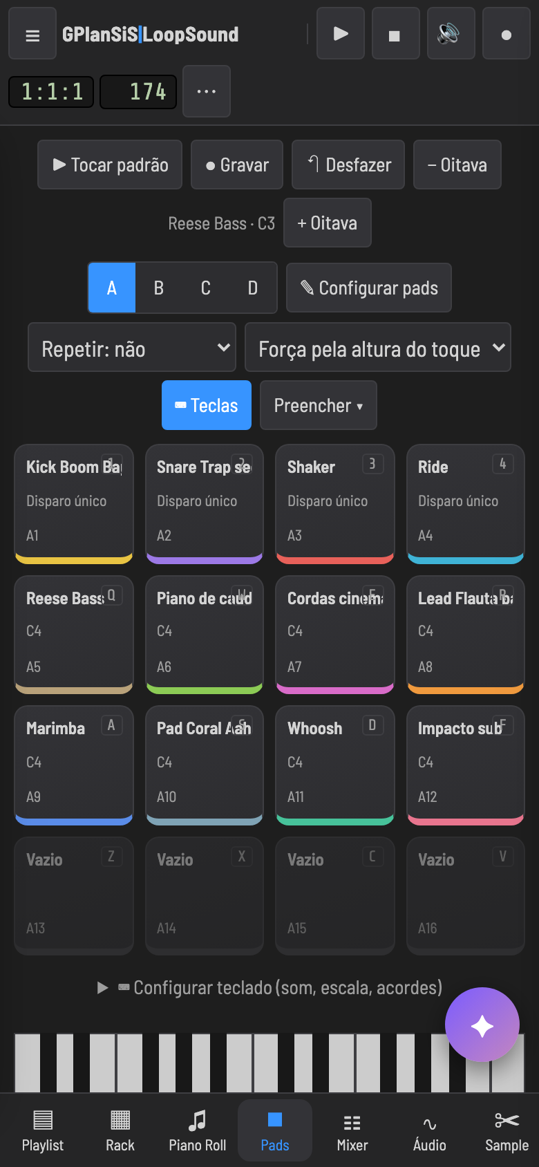 LoopSound no celular: tela de pads multitoque com 12 instrumentos e teclado de piano.