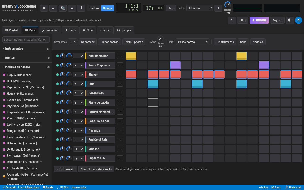 Channel Rack do LoopSound no computador: 12 instrumentos com passos coloridos, lista de modelos de gênero à esquerda, transporte e BPM no topo.
